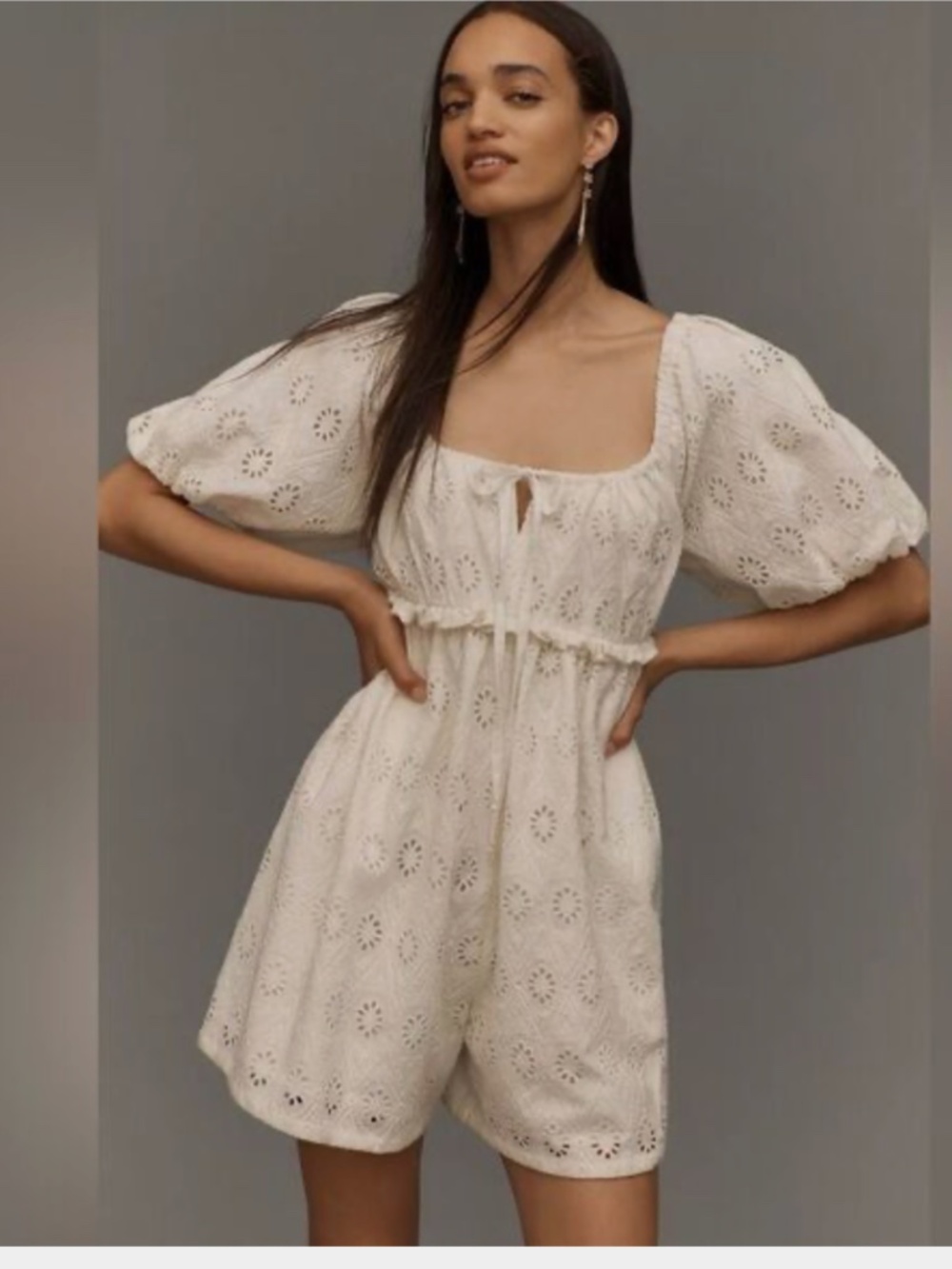 Anthropologie Pilcro Puff Sleeve Cream Eyelet Romper Nwt XSP